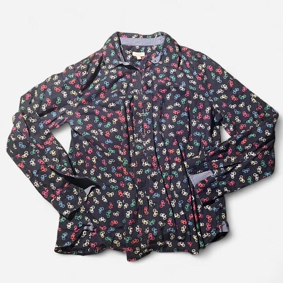 Talbots Tops - Talbots navy blue button up blouse with colorful bicycle print. Size M petite